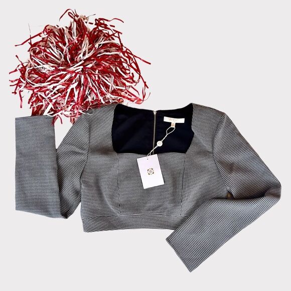 WAYF Houndstooth Long Sleeve Cropped Top - Medium - NWT - Gameday Ready - Picture 3 of 15
